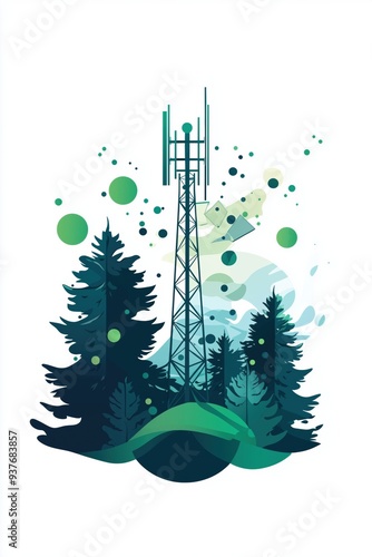 Green Energy Telecom Antenna Icon | Flat Design | Top-Down Perspective | Green & Gray Colors | Clean Lines | Wireless Signal Waves | Renewable Energy | Eco-Friendly Communication | Stock Image