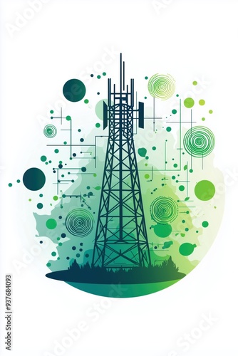 Green Energy Telecom Tower Icon â€“ Sustainable Communication, Eco-friendly Signal, Renewable Power Spirals, Green Technology Design, Environmental Wireless Connectivity â€“ Flat Design Symbol