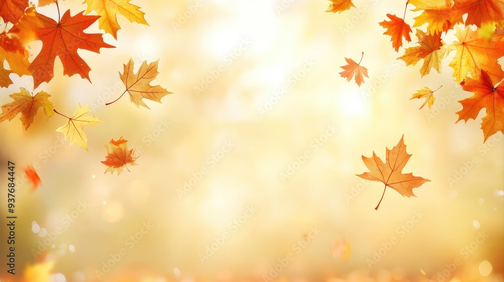 A serene autumnal background with sunlit maple leaves gently falling to the ground A serene autumnal background with sunlit maple leaves gently falling to the ground