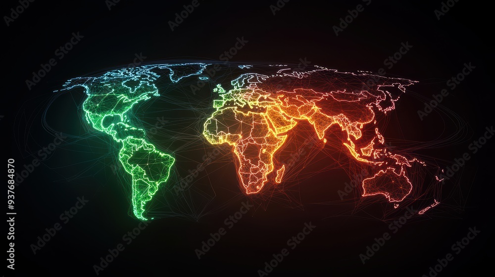 Fototapeta premium A vibrant digital map of world, showcasing interconnected lines in green, blue, and orange, symbolizing global connectivity and technology. 