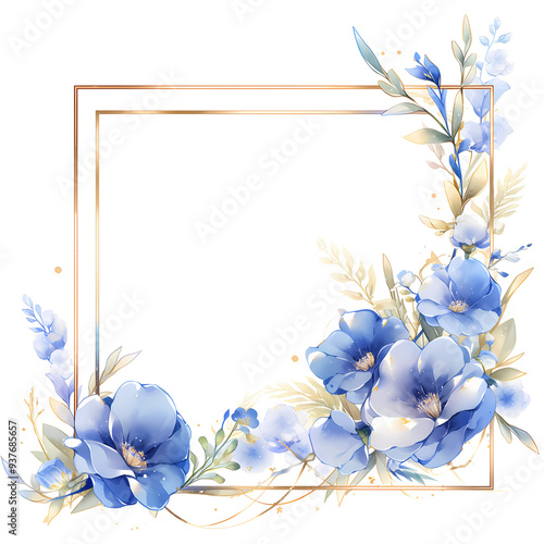Delicate blue flowers and leaves frame a gold square, creating a romantic and elegant border.