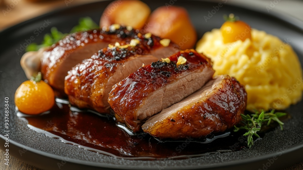 14. Juicy roasted duck with crispy skin, served with a side of orange glaze, luxurious and rich setting 14. Juicy roasted duck with crispy skin, served with a side of orange glaze, luxurious and rich setting
