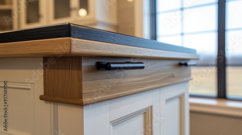 a kitchen counter with a black counter top