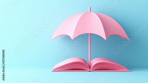 a pink umbrella is sitting on top of a book