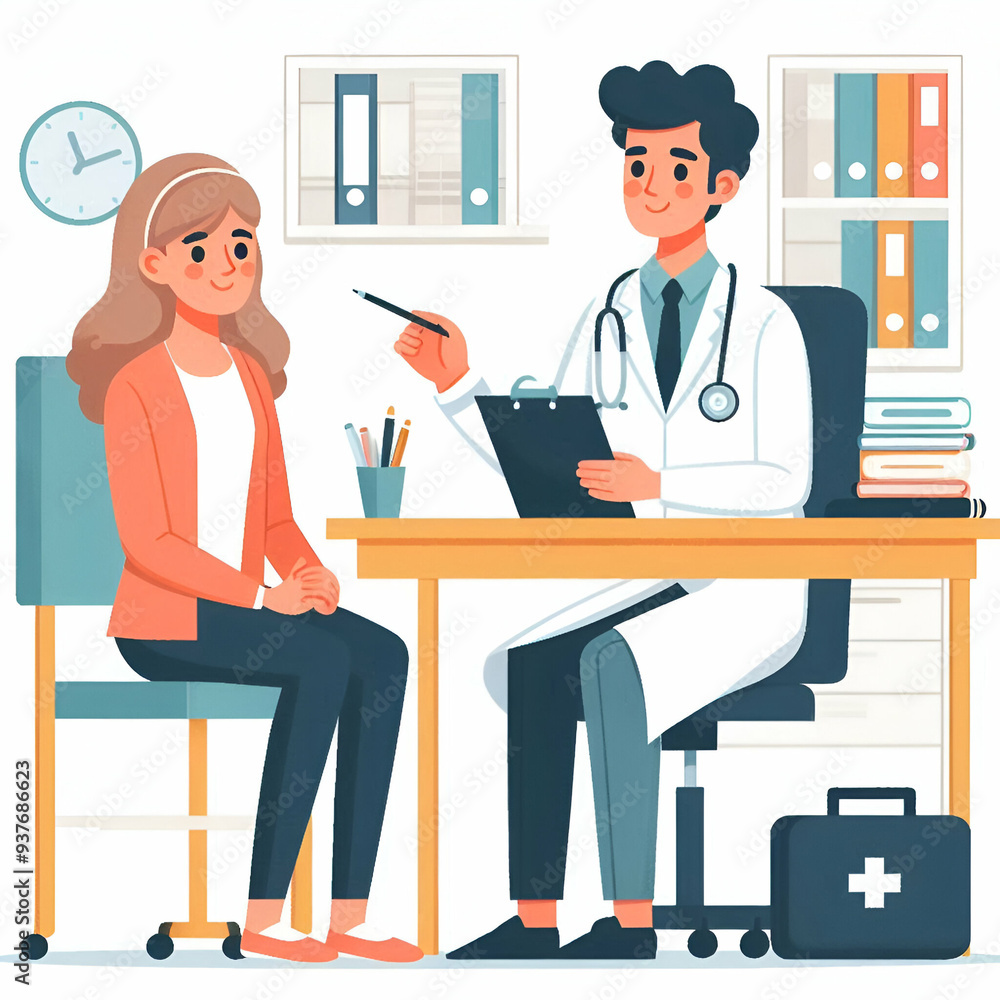 Male doctor checking woman health doing checkup. Health check consultation cartoon illustration. Male doctor checking woman health doing checkup. Health check consultation cartoon illustration.