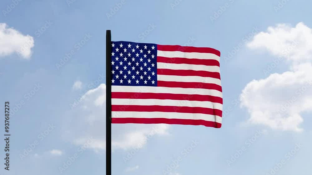 3D animation of the United States flag gracefully waving against a clear blue sky. Ideal for patriotic projects, national celebrations, or any content celebrating American identity and freedom. 3D animation of the United States flag gracefully waving against a clear blue sky. Ideal for patriotic projects, national celebrations, or any content celebrating American identity and freedom.