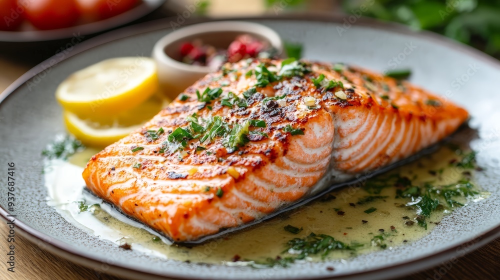 26. Juicy salmon fillet with a crispy skin, served with a lemon butter sauce, light and flavorful 26. Juicy salmon fillet with a crispy skin, served with a lemon butter sauce, light and flavorful