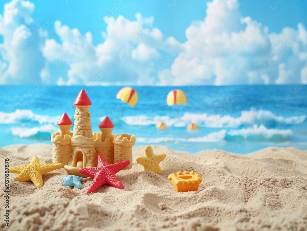 A yellow sandcastle with red and yellow starfish on a sandy beach with blue sky and ocean in the background. A yellow sandcastle with red and yellow starfish on a sandy beach with blue sky and ocean in the background.