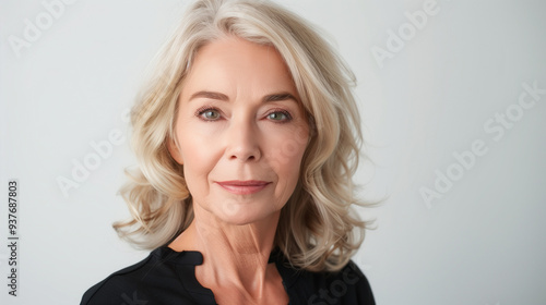 Beautiful gorgeous 50s mid aged mature woman looking at camera isolated on white. Mature old lady close up portrait. Healthy face skin care beauty, middle age skincare cosmetics, cosmetology concept