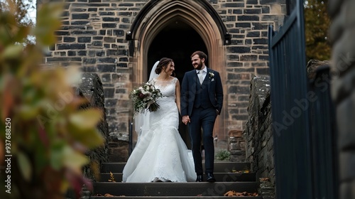 Joyful Newlywed Couple Ascending the Church Steps on Their Blessed Wedding Day Marking a Significant Milestone in Their Lives Together