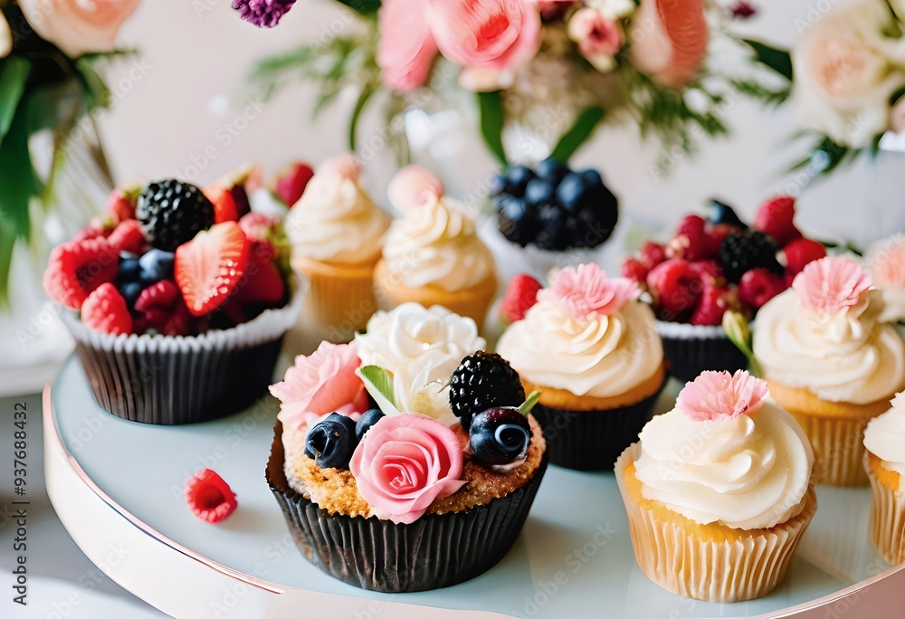 Delicious Cupcakes with Fresh Berries and Flowers. Delicious Cupcakes with Fresh Berries and Flowers.