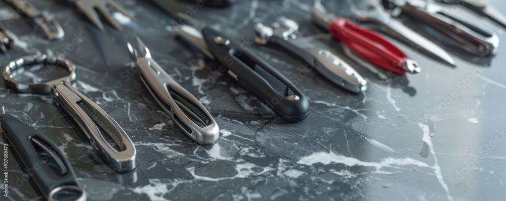 Fototapeta premium Closeup of a variety of tools with silver and black handles laid out on a gray marble surface.