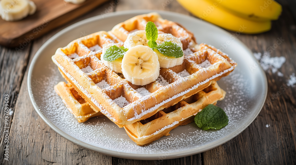plate of waffles with banana and mint on top, sprinkled with powdered sugar plate of waffles with banana and mint on top, sprinkled with powdered sugar