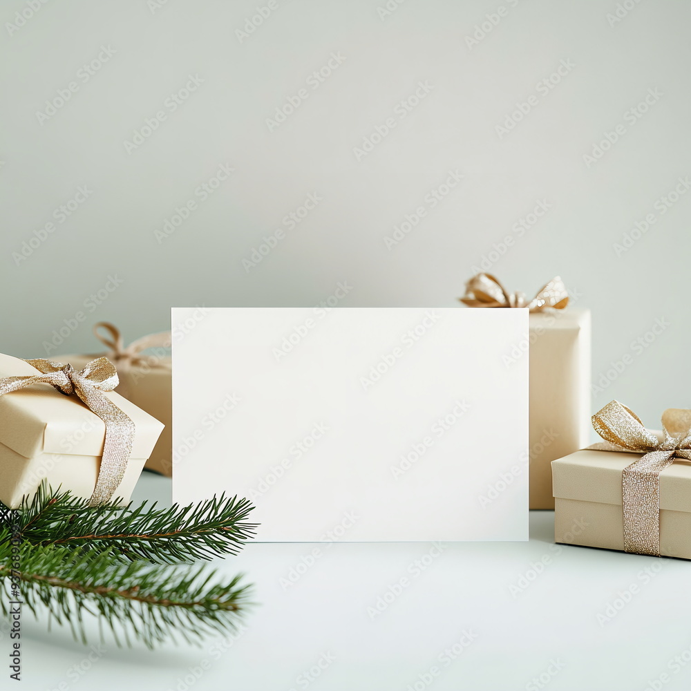 Christmas card mockup. Blank white card with fir branches and gift ...