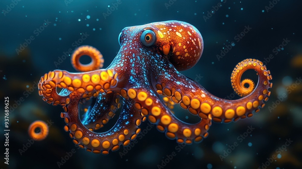 3D Octopus Underwater in Dark Ocean - Photorealistic, Hyper-Detailed, Cinematic Look with Volumetric Lighting, Octane Render Style 3D Octopus Underwater in Dark Ocean - Photorealistic, Hyper-Detailed, Cinematic Look with Volumetric Lighting, Octane Render Style
