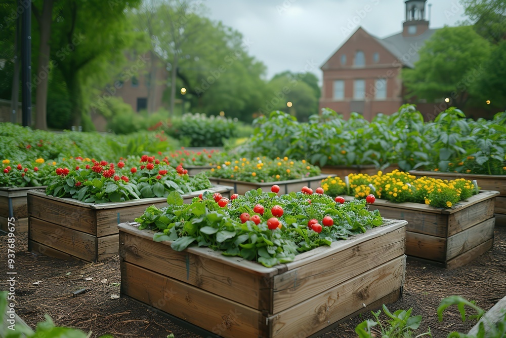 Community Garden: An image of a thriving community garden with various crops Community Garden: An image of a thriving community garden with various crops