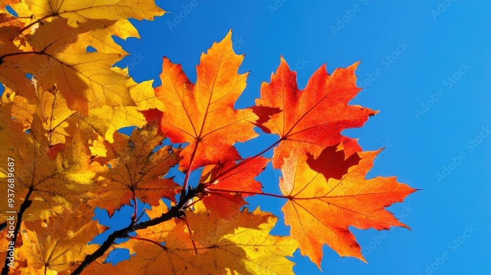 Bright autumn leaves in sunlight against a clear blue sky, highlighting the beauty of the season Bright autumn leaves in sunlight against a clear blue sky, highlighting the beauty of the season