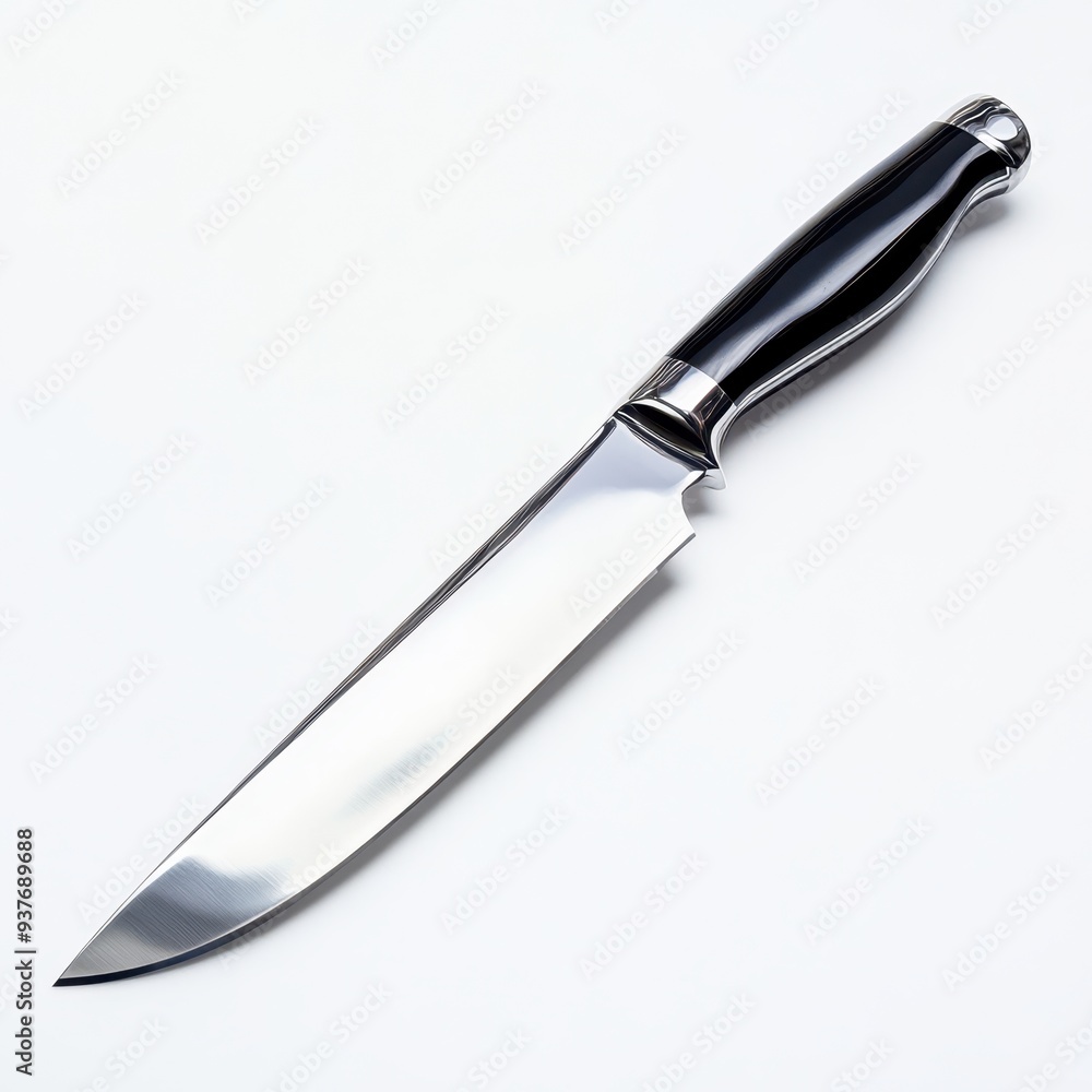 a knife on a white surface with a black handle