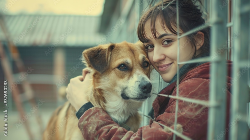 A young woman with her dog looking through a wire fence. A young woman with her dog looking through a wire fence.