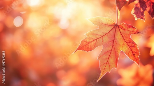 Close-up of an autumn leaf bathed in sunlight, with a soft, blurred background