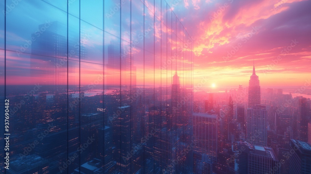 Urban Panorama: Panoramic Skyline with Glass Facades for Modern City and Architectural Design, Generative AI Urban Panorama: Panoramic Skyline with Glass Facades for Modern City and Architectural Design, Generative AI