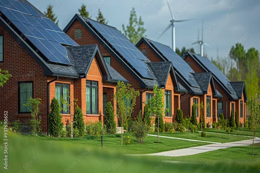 Community Renewable Energy: An image of wind turbines or solar panels generating power for a local neighborhood, showcasing clean energy initiatives Community Renewable Energy: An image of wind turbines or solar panels generating power for a local neighborhood, showcasing clean energy initiatives