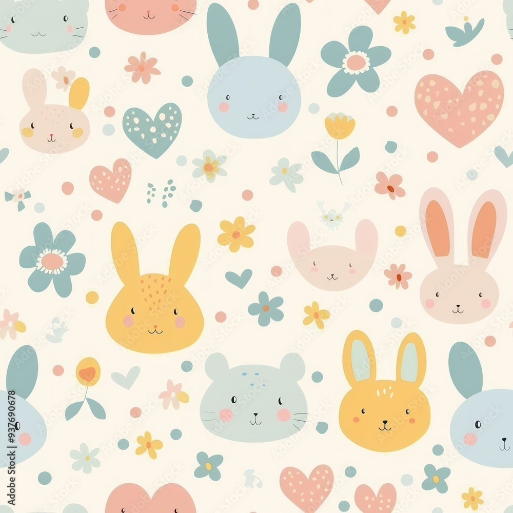 Seamless pattern with cute cartoon animals and flowers. Seamless pattern with cute cartoon animals and flowers.