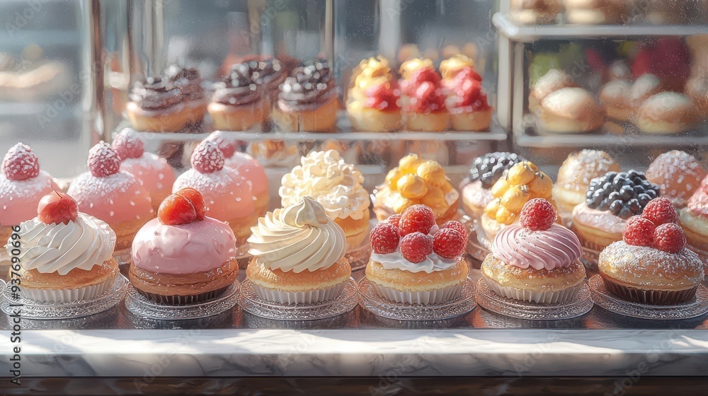 Sweet pastries lined up in a bakery case Sweet pastries lined up in a bakery case