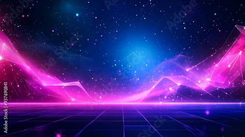 Abstract digital landscape with pink and blue lights and a grid pattern