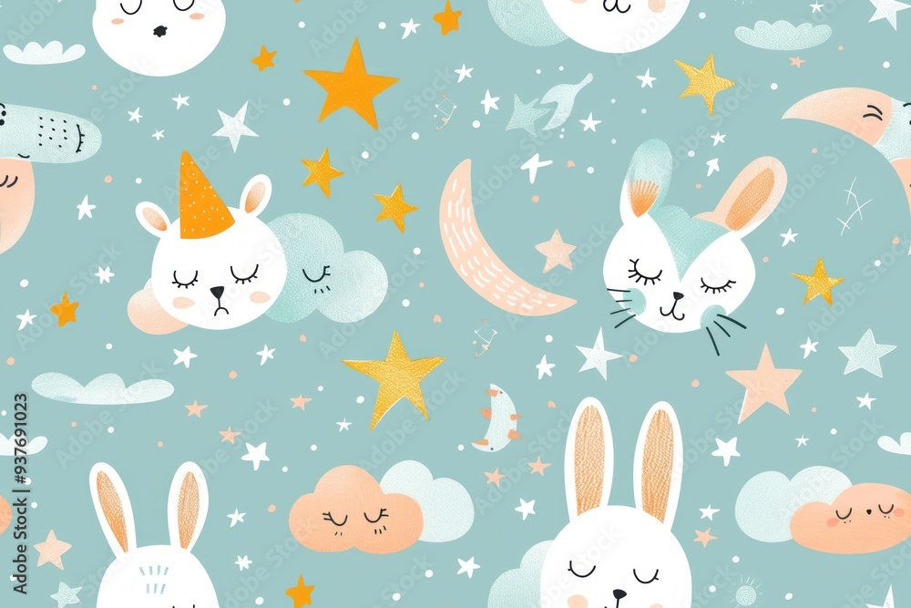 Seamless pattern with cute sleeping bunny rabbits, stars, clouds and moon on a blue background. Seamless pattern with cute sleeping bunny rabbits, stars, clouds and moon on a blue background.