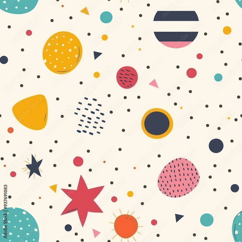 Seamless pattern with colorful geometric shapes and black dots on a white background. Seamless pattern with colorful geometric shapes and black dots on a white background.