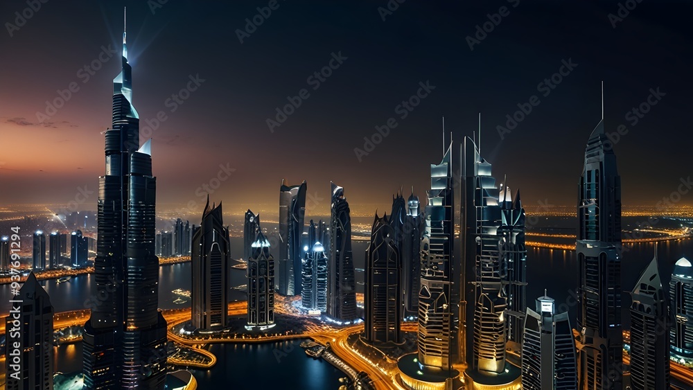 Fototapeta premium In the glittering darkness of a nocturnal Dubai, a futuristic cityscape comes alive with vibrant lights and sleek skyscrapers