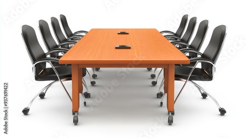 a conference table with chairs and a laptop photo