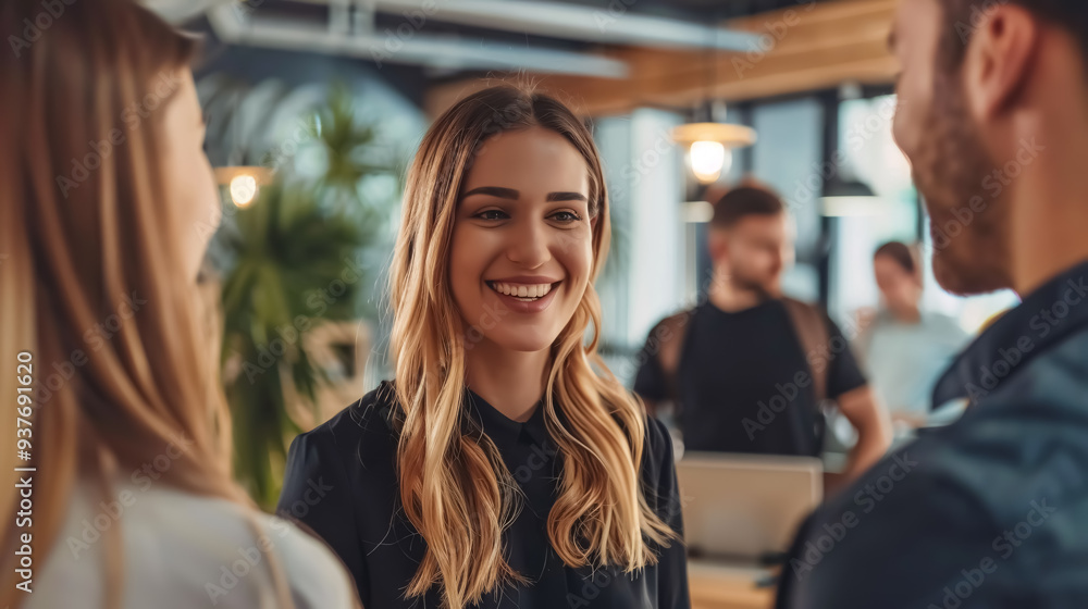 Fototapeta premium Young Business People Talking in Office: Young business professionals engaged 
