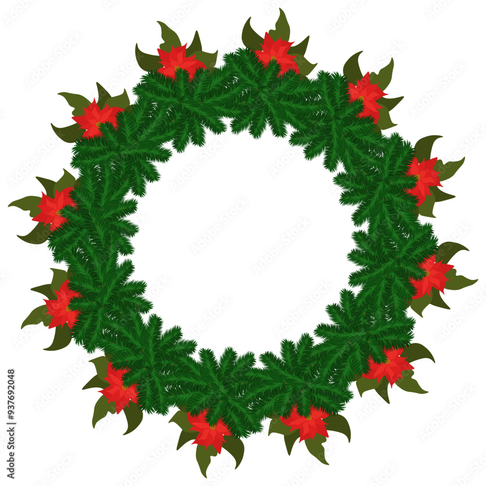 Christmas wreath with spruce branches and poinsettia flowers for design Christmas wreath with spruce branches and poinsettia flowers for design