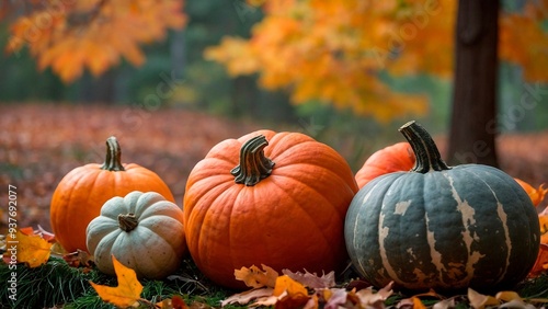 Vibrant close-up photo of a different ripe fresh pumpkins decorated with colorful fallen leaves standing on a green grass. Autumn fall season harvest vegetables photo illustration.