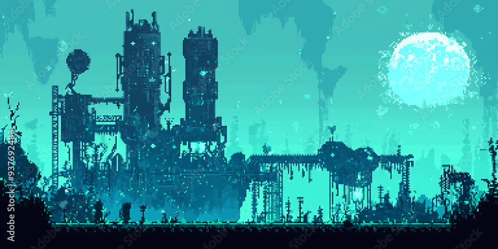Obraz premium 8-bits pixel art of an underwater base, with structures and devices that resemble the silhouette of gothic architecture