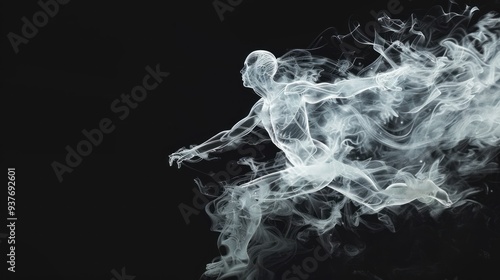 white humanoid figure is leaping on black background