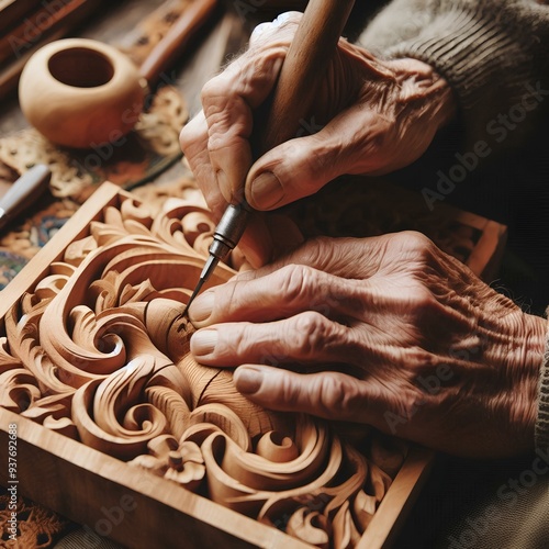 Close up hands of elderly woodcarver at work, handcrafting with wood. photo