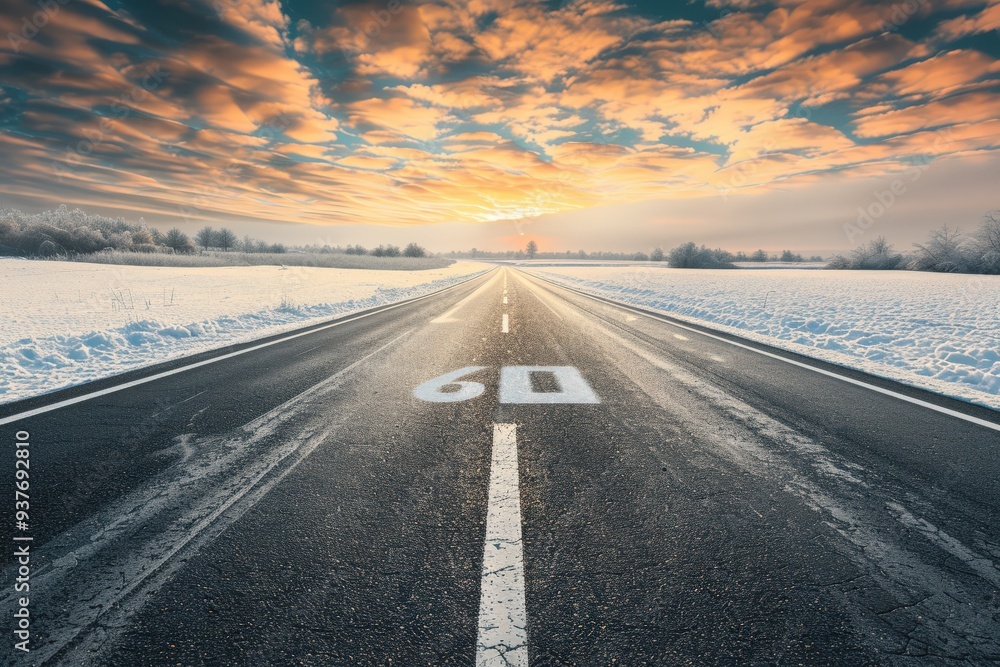 Fototapeta premium Close-up of a road arrow pointing forward, leading towards a glowing sunset through a tree-lined path in golden light.. Beautiful simple AI generated image