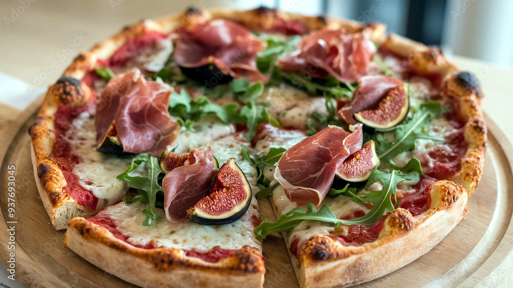 A delicious Chicago-style deep-dish gourmet pizza topped with fresh arugula, prosciutto, figs, and melted cheese, served in a cozy restaurant with soft, warm lighting in the background. A delicious Chicago-style deep-dish gourmet pizza topped with fresh arugula, prosciutto, figs, and melted cheese, served in a cozy restaurant with soft, warm lighting in the background.