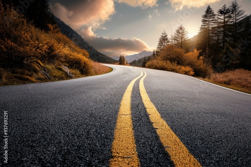 Close-up of a road arrow pointing forward, leading towards a glowing sunset through a tree-lined path in golden light.. Beautiful simple AI generated image photo