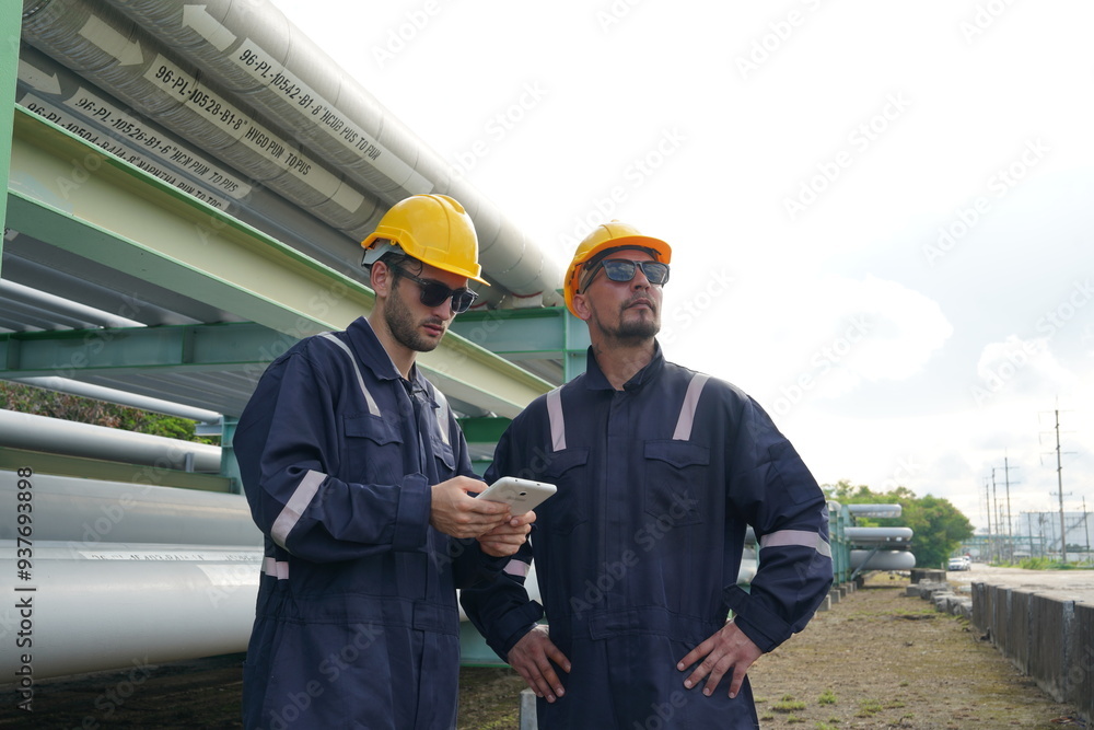Two Male Engineer Group In Uniform working together. Check Gas Leakage Pipe System and Maintenance System and Training Oil Refinery at Column Tank Oil of Petrochemistry Industry. Two Male Engineer Group In Uniform working together. Check Gas Leakage Pipe System and Maintenance System and Training Oil Refinery at Column Tank Oil of Petrochemistry Industry.