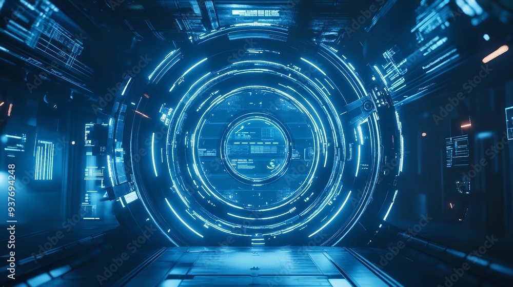 A sleek and futuristic space station interior, featuring advanced technology and cosmic elements A sleek and futuristic space station interior, featuring advanced technology and cosmic elements