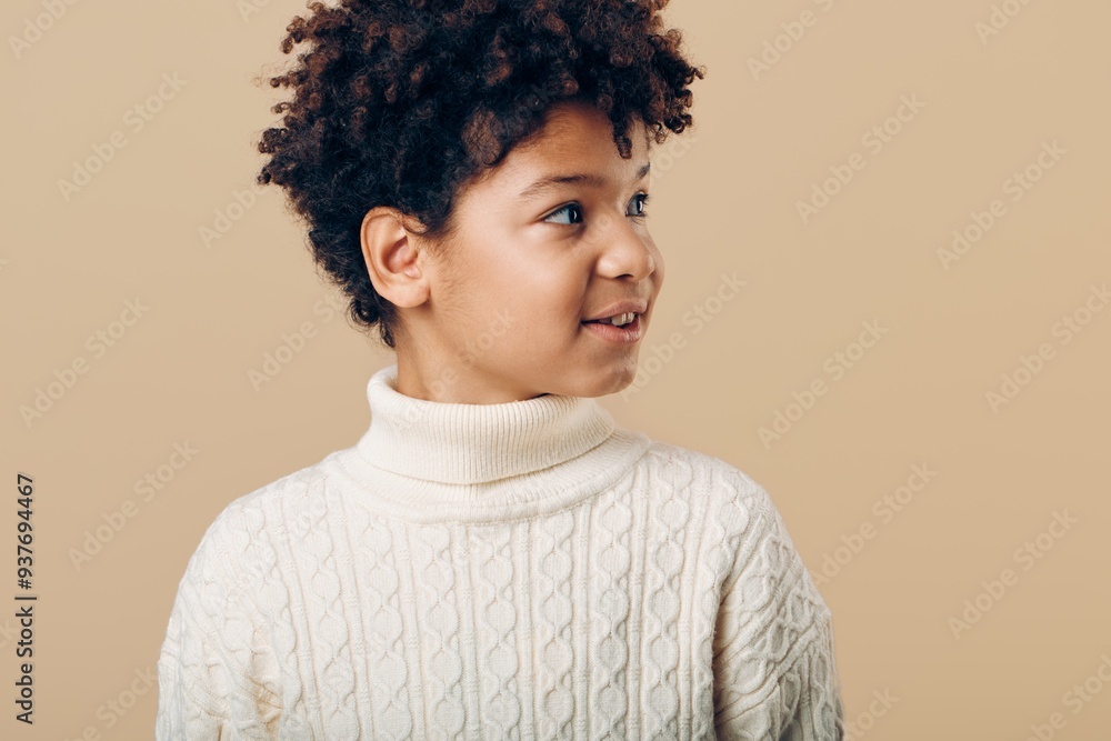 charming portrait of a young african american girl in elegant white turtle neck sweater against a soft beige background charming portrait of a young african american girl in elegant white turtle neck sweater against a soft beige background
