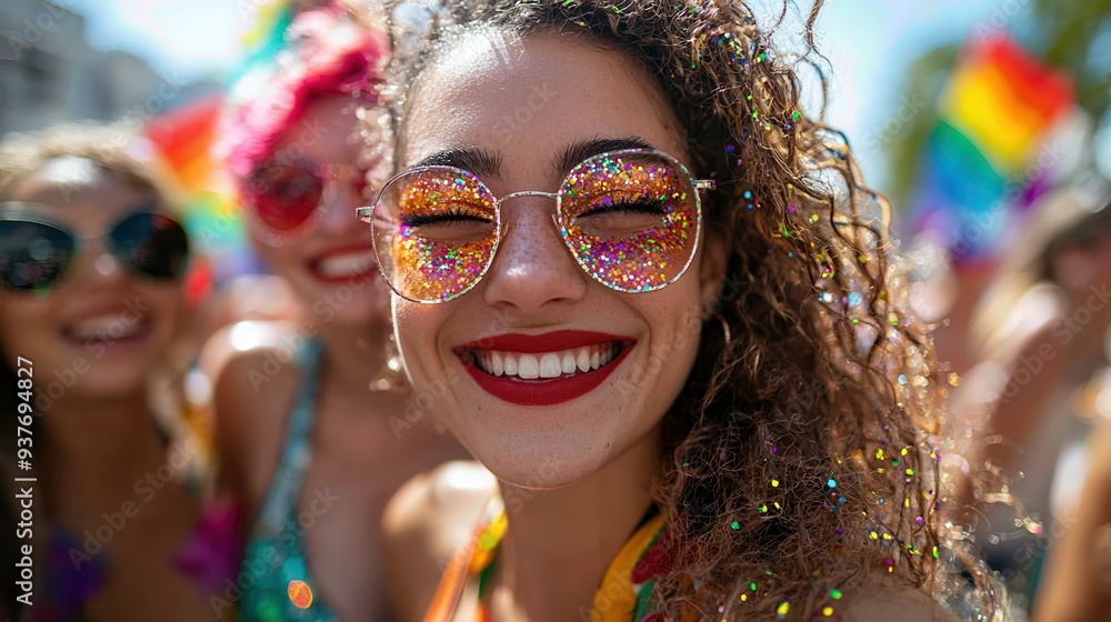 Cheerful group with glittery makeup and red lips capturing a moment at a pride parade Cheerful group with glittery makeup and red lips capturing a moment at a pride parade