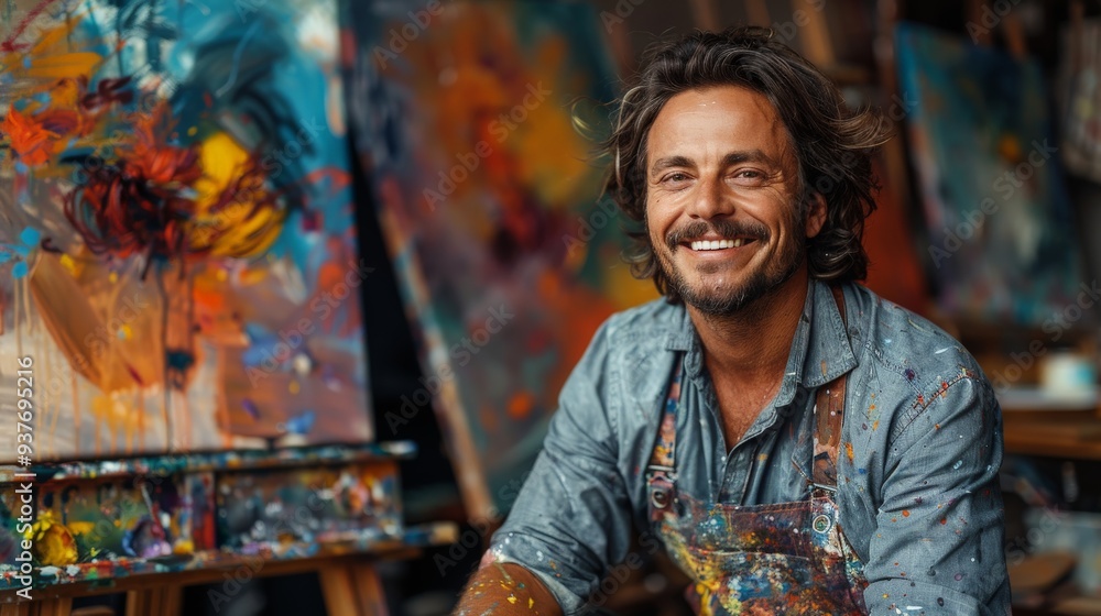 A joyful artist surrounded by vibrant canvases in a colorful studio filled with creativity. Generative AI A joyful artist surrounded by vibrant canvases in a colorful studio filled with creativity. Generative AI