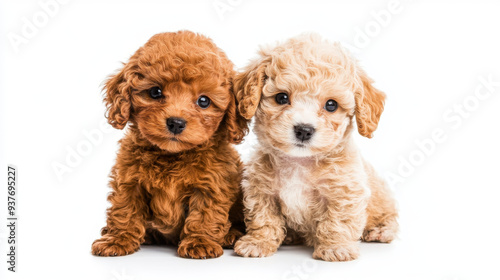 Two adorable Toy Poodle puppies posing on a white background. The scene captures the playful and sweet nature of the puppies, highlighting their curly fur and expressive eyes, perfect for a baby anima