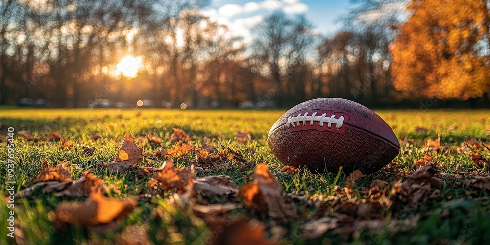 Football resting on field under bright sunlight Football resting on field under bright sunlight
