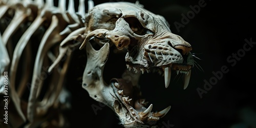 A close-up of a tiger skull with sharp teeth bared, the rest of the skeleton fading into the dark background.